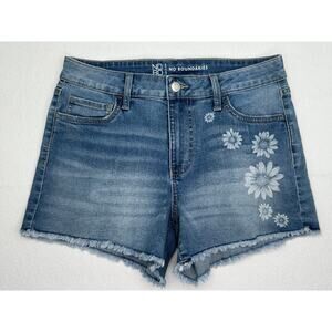 No Boundaries Jean Shorts Mid Rise Flower Print Frayed Hem Stretch Size 9 NWOT